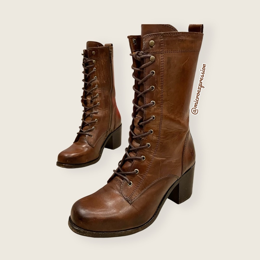 $429 Frye Kendall Lace Up Brown Genuine Leather Mid-Calf Heeled ZipUp Ankle Boot - Picture 15 of 16